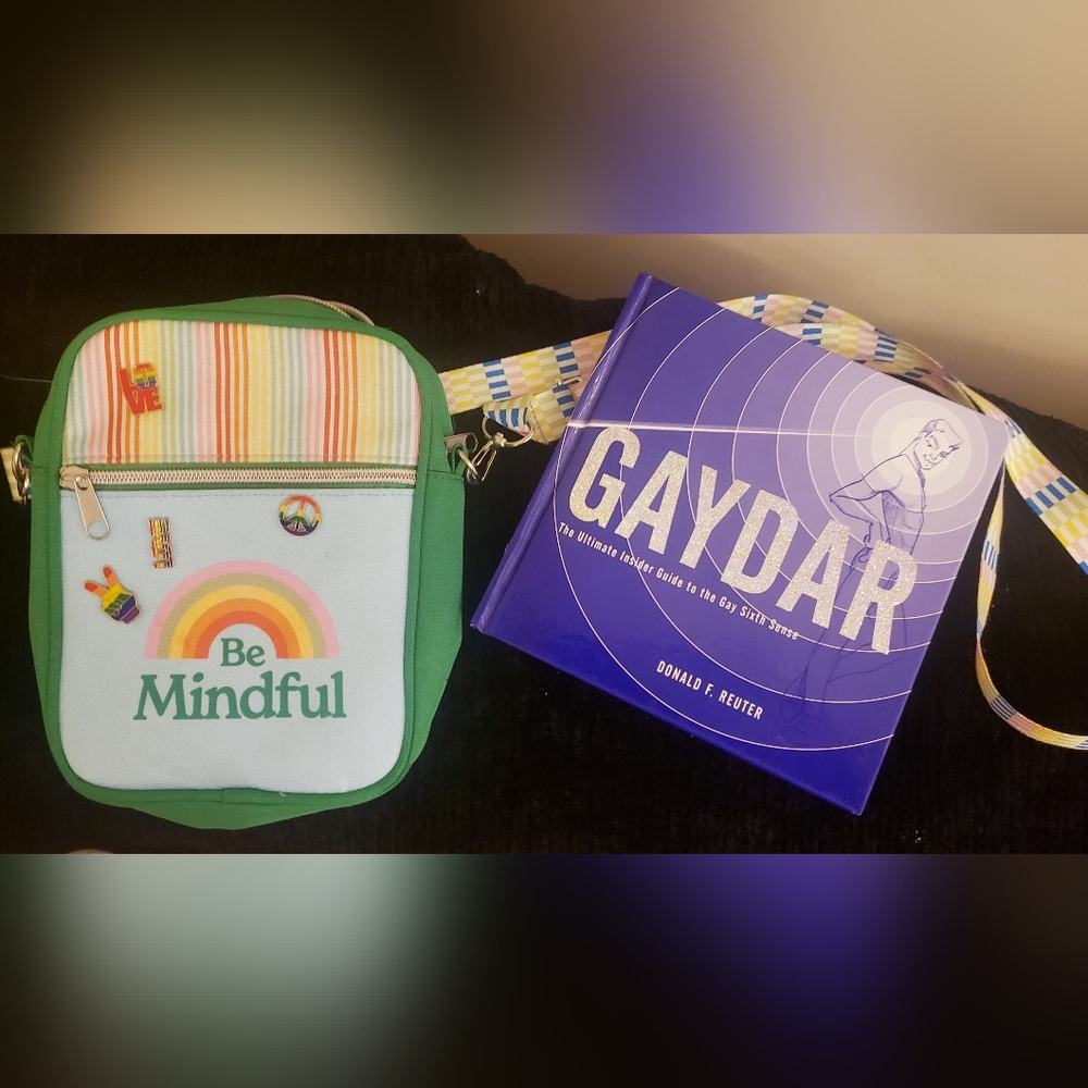 Green "Be Mindful" Bag w PRIDE Pins & Fun Gaydar Book